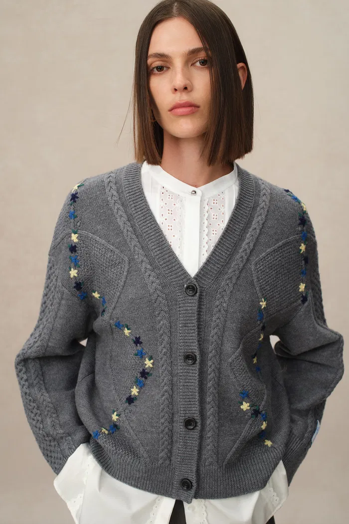 Olivia Floral Cable Cardigan in Merino Wool Cable Knit - Image 7