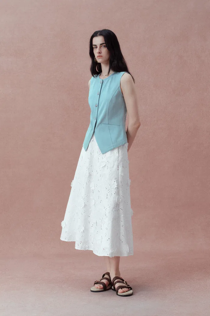 Olivia Hand Stitched Flora Applique Maxi Skirt in Cotton - Image 4