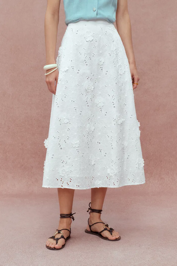 Olivia Hand Stitched Flora Applique Maxi Skirt in Cotton - Image 5