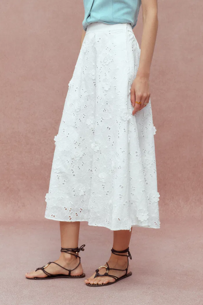 Olivia Hand Stitched Flora Applique Maxi Skirt in Cotton - Image 6