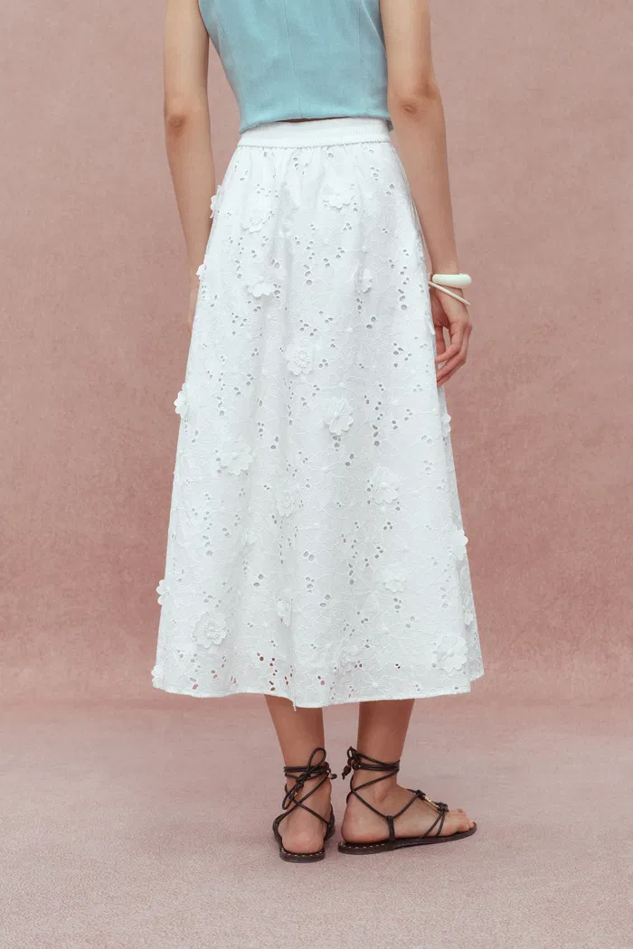 Olivia Hand Stitched Flora Applique Maxi Skirt in Cotton - Image 7
