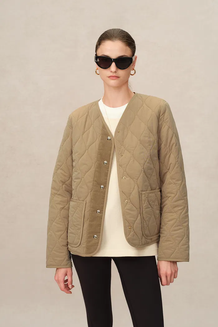 Olivia Khaki Cropped Lightweight Puffer Jacket in High-Density Water-Repellent Fabric - Image 2