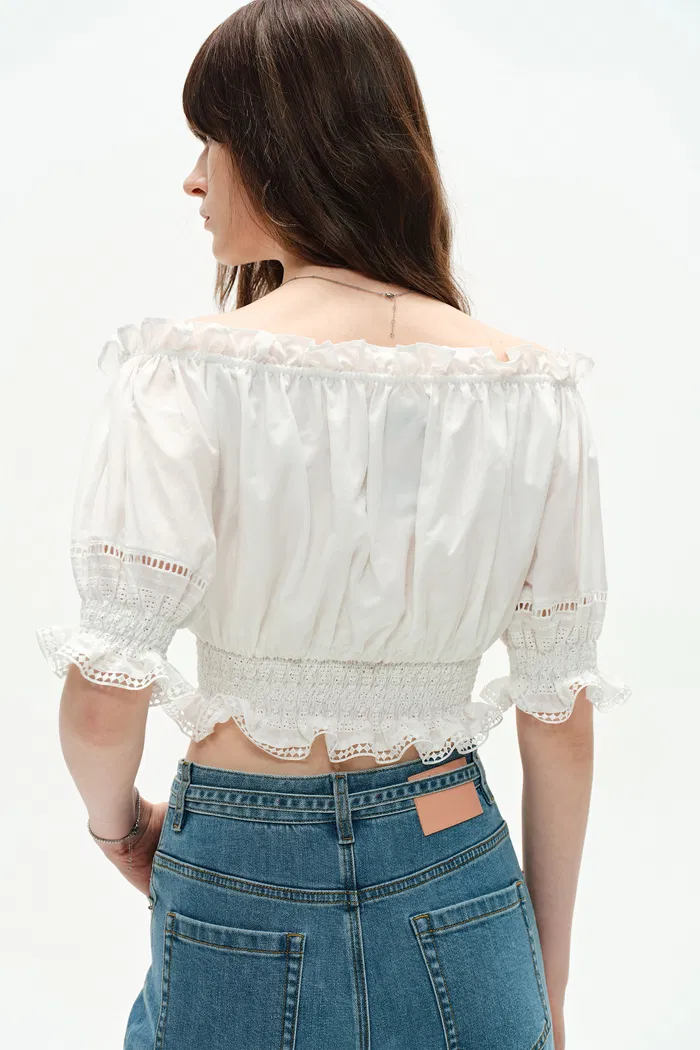 Oluka Off Shoulder Cropped Blouse in Silk-Cotton Blend - Image 4