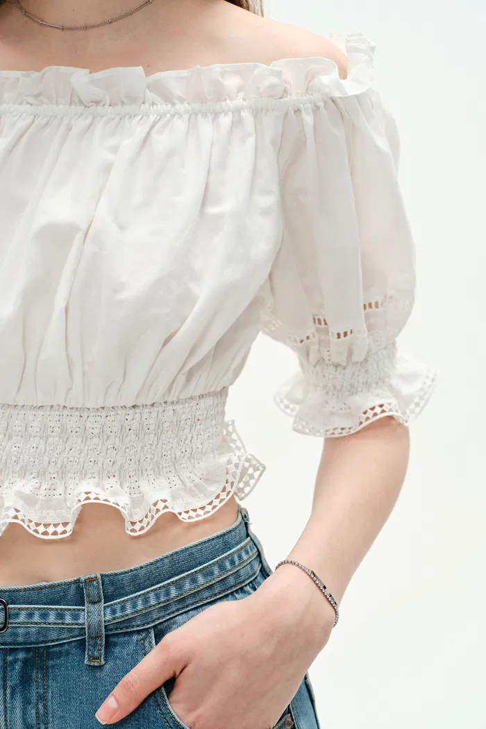 Oluka Off Shoulder Cropped Blouse in Silk-Cotton Blend - Image 8