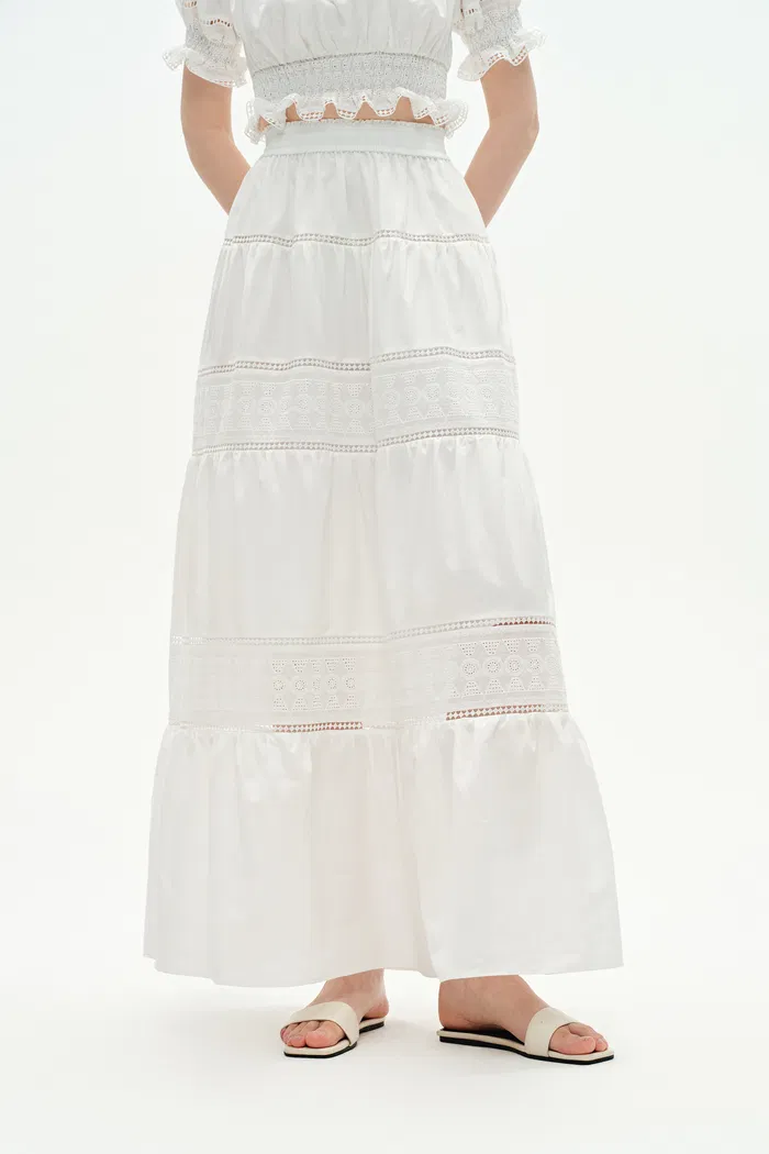 Oluka Openwork Embroidery A-Line Skirt in Silk-Cotton Blend - Image 5