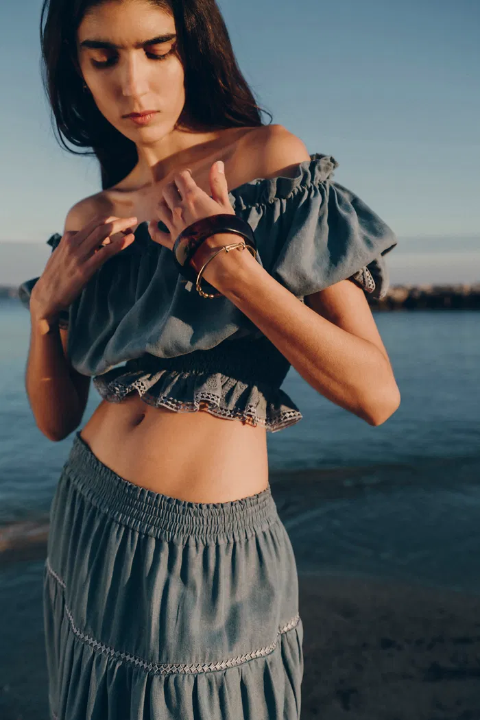 Oluka Ruffle Ruched Off Shoulder Top in Lightweight Denim - Image 2