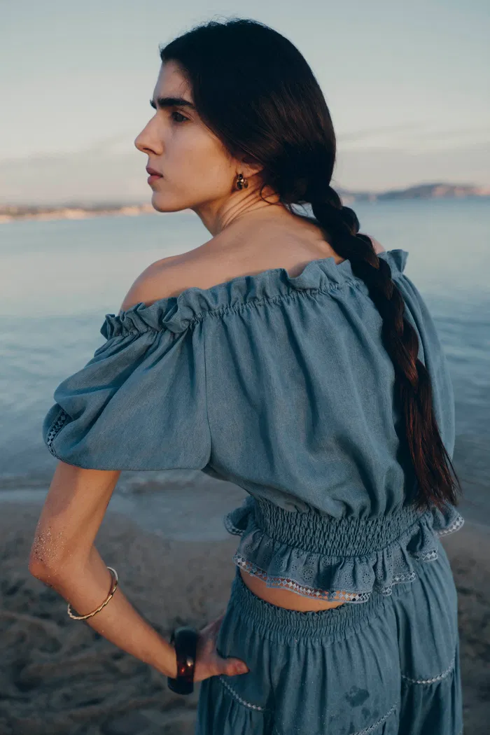 Oluka Ruffle Ruched Off Shoulder Top in Lightweight Denim - Image 3