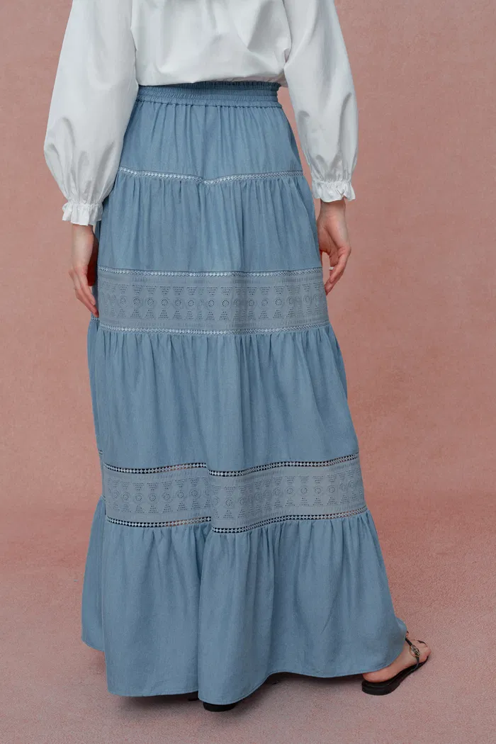 Oluka Tiered Openwork Maxi Skirt in Lightweight Denim - Image 3