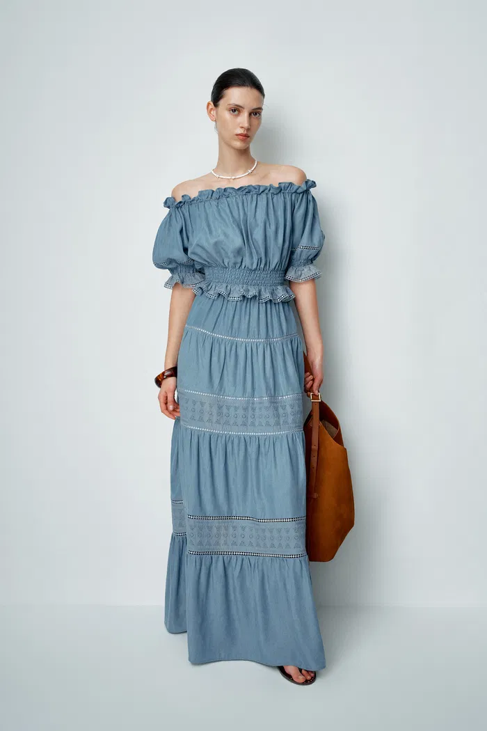 Oluka Tiered Openwork Maxi Skirt in Lightweight Denim - Image 4