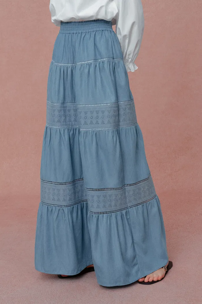 Oluka Tiered Openwork Maxi Skirt in Lightweight Denim - Image 7