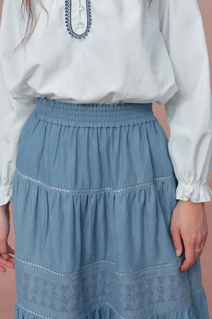 Oluka Tiered Openwork Maxi Skirt in Lightweight Denim - Image 8