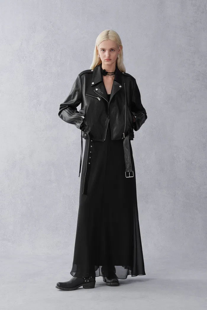 Olympe Slanted Placket Biker Jacket in Sheepskin Leather
