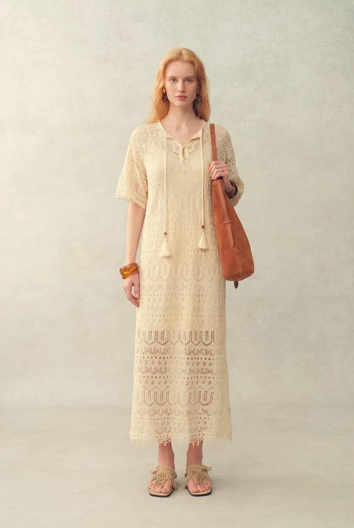 Ondina Handmade Lace Open-Knit Vacation Dress in Linen Blend Crochet