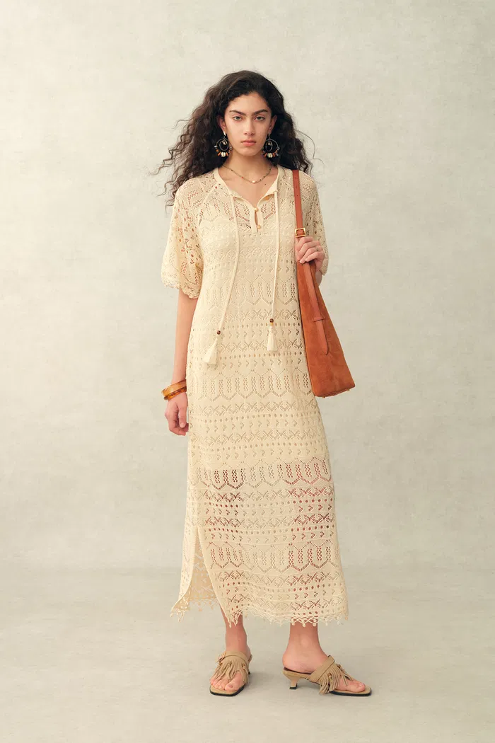 Ondina Handmade Lace Open-Knit Vacation Dress in Linen Blend Crochet - Image 2