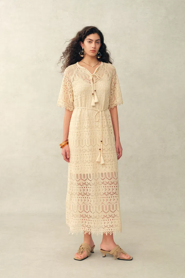 Ondina Handmade Lace Open-Knit Vacation Dress in Linen Blend Crochet - Image 3