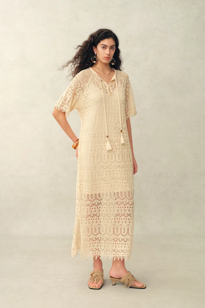 Ondina Handmade Lace Open-Knit Vacation Dress in Linen Blend Crochet - Image 4
