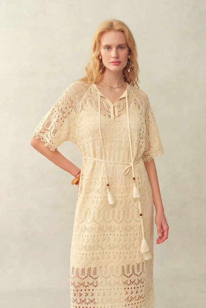 Ondina Handmade Lace Open-Knit Vacation Dress in Linen Blend Crochet - Image 6