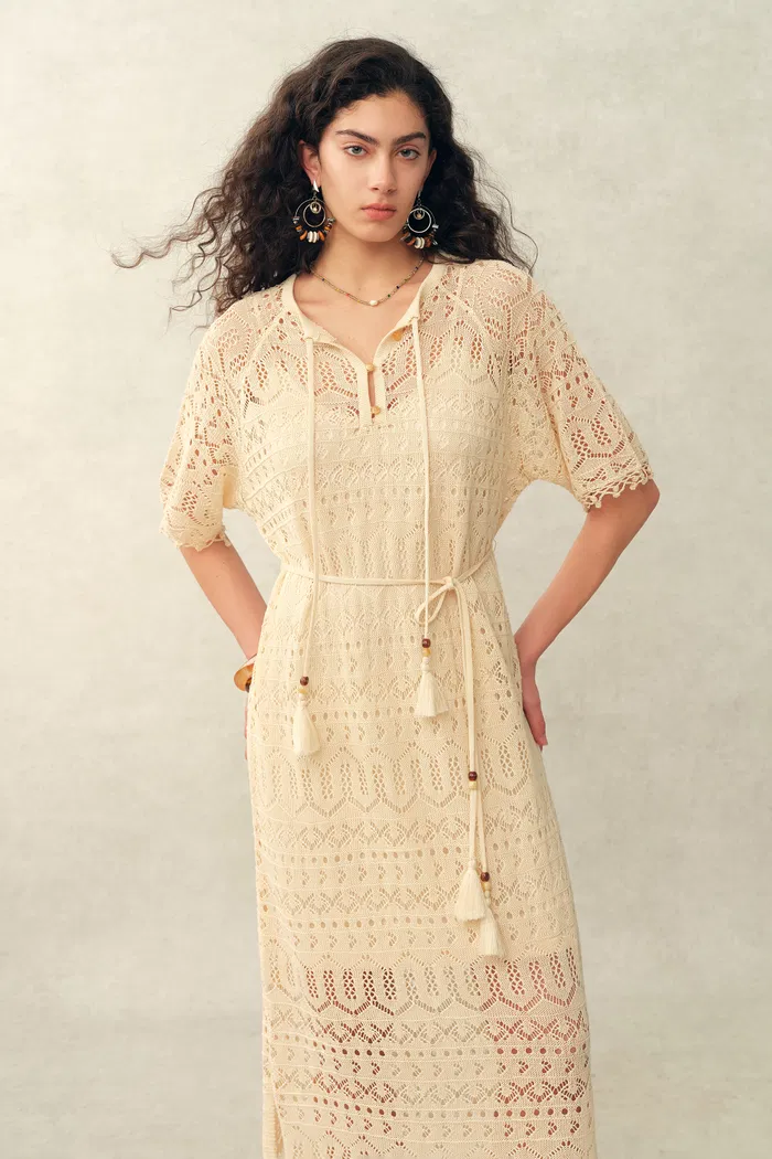 Ondina Handmade Lace Open-Knit Vacation Dress in Linen Blend Crochet - Image 7