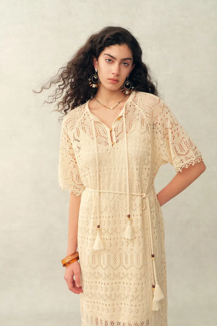 Ondina Handmade Lace Open-Knit Vacation Dress in Linen Blend Crochet - Image 8