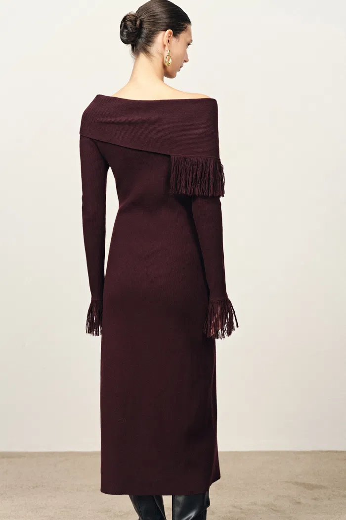 Oona One Shoulder Asymmetric Fringe Dress in Merino Wool with Stretch Knit - Image 2