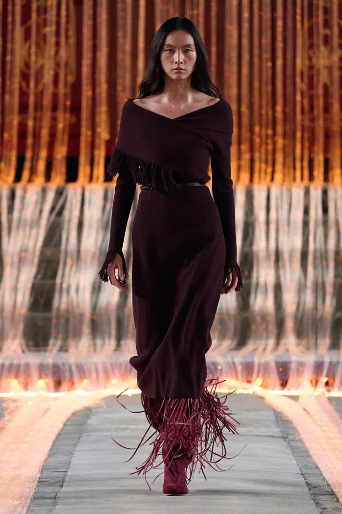 Oona One Shoulder Asymmetric Fringe Dress in Merino Wool with Stretch Knit - Image 3