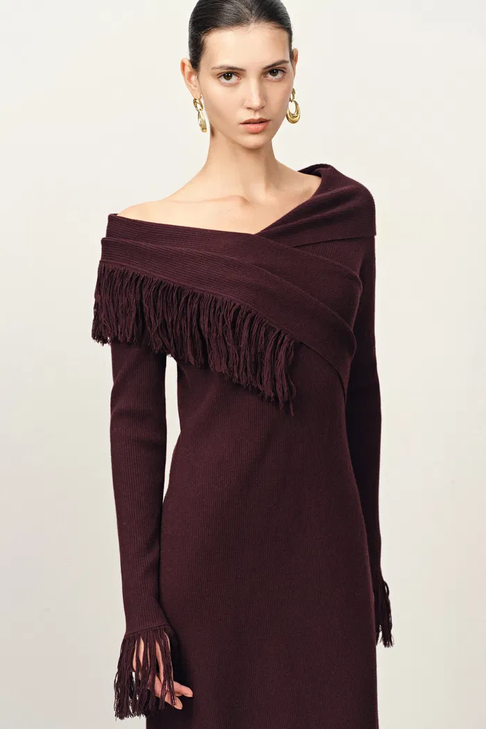 Oona One Shoulder Asymmetric Fringe Dress in Merino Wool with Stretch Knit - Image 5