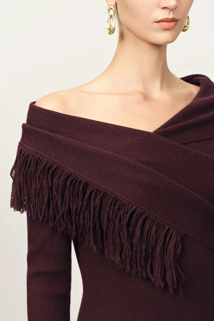 Oona One Shoulder Asymmetric Fringe Dress in Merino Wool with Stretch Knit - Image 6