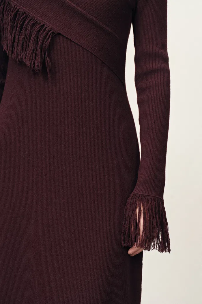 Oona One Shoulder Asymmetric Fringe Dress in Merino Wool with Stretch Knit - Image 7