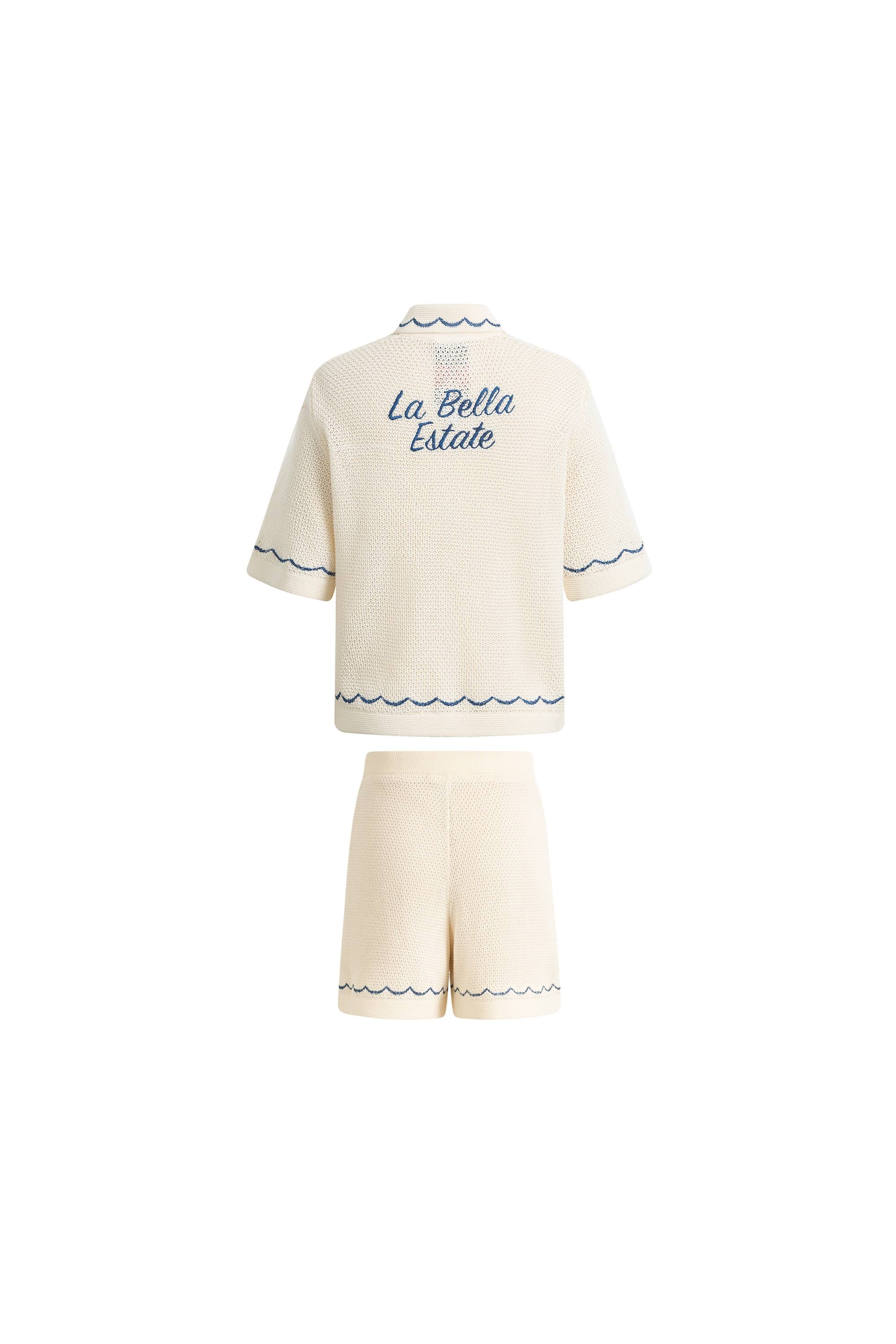 Oriel Palm Handworked Embroidery Buttoned Cardigan and Shorts Set in Linen Blend Knit - Image 10