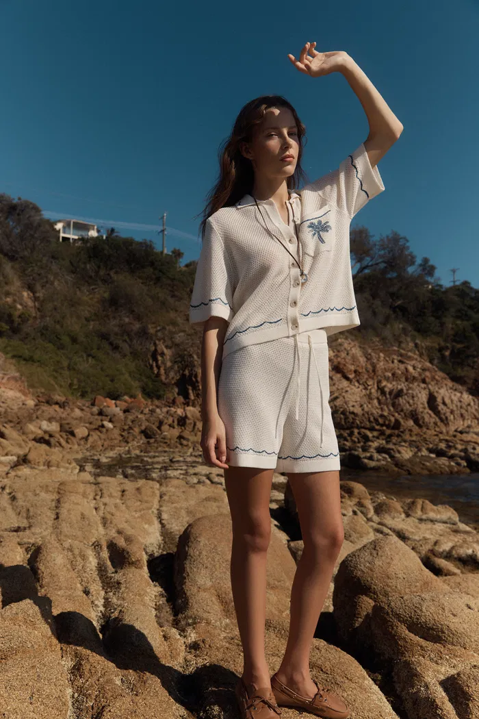 Oriel Palm Handworked Embroidery Buttoned Cardigan and Shorts Set in Linen Blend Knit - Image 3