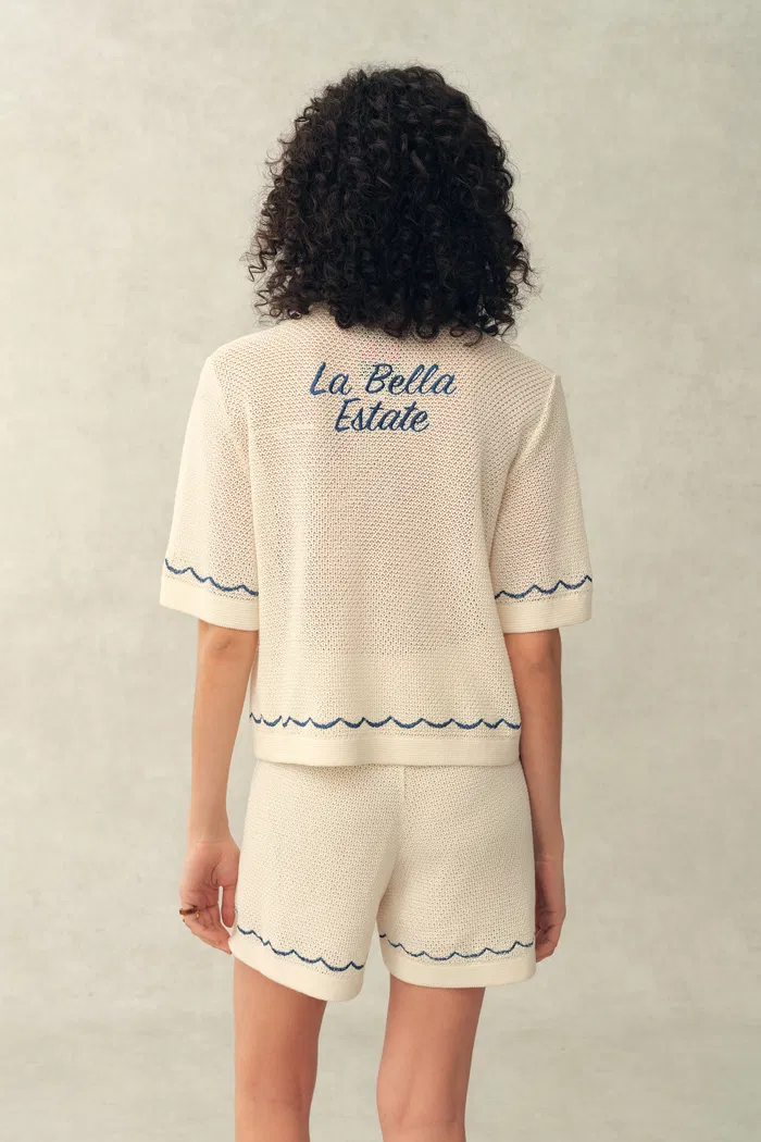 Oriel Palm Handworked Embroidery Buttoned Cardigan and Shorts Set in Linen Blend Knit - Image 6