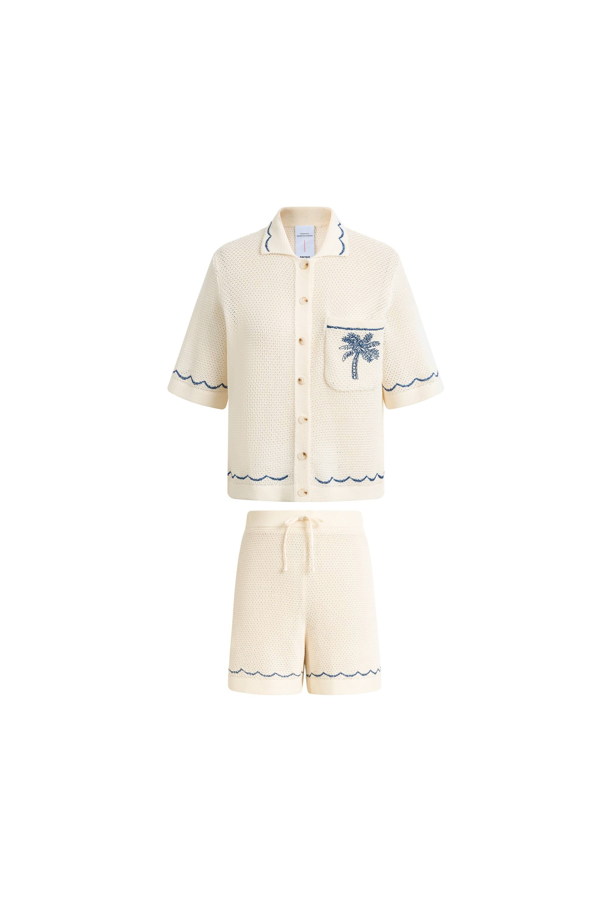 Oriel Palm Handworked Embroidery Buttoned Cardigan and Shorts Set in Linen Blend Knit - Image 9