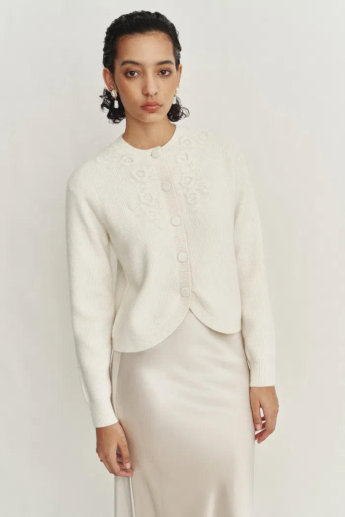 Otelie Hand Embroidered Extended Cardigan in Baby Alpaca-Merino Wool Knit - Image 2