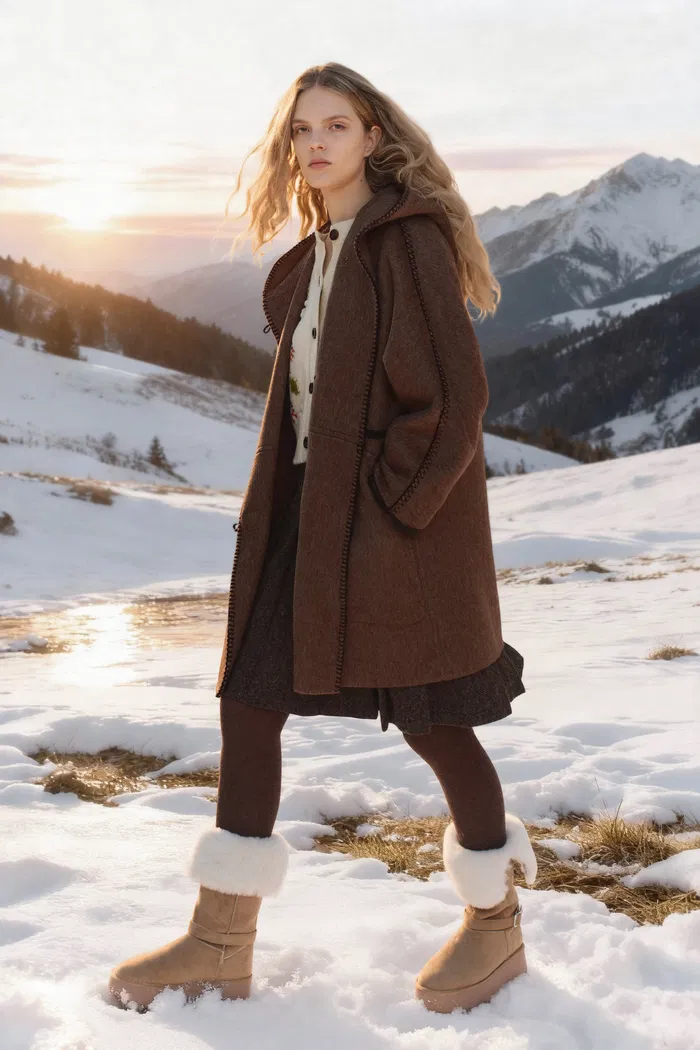 Paletot Inspired Overlock Stitch Hooded Coat in Merino Wool-Camel Hair