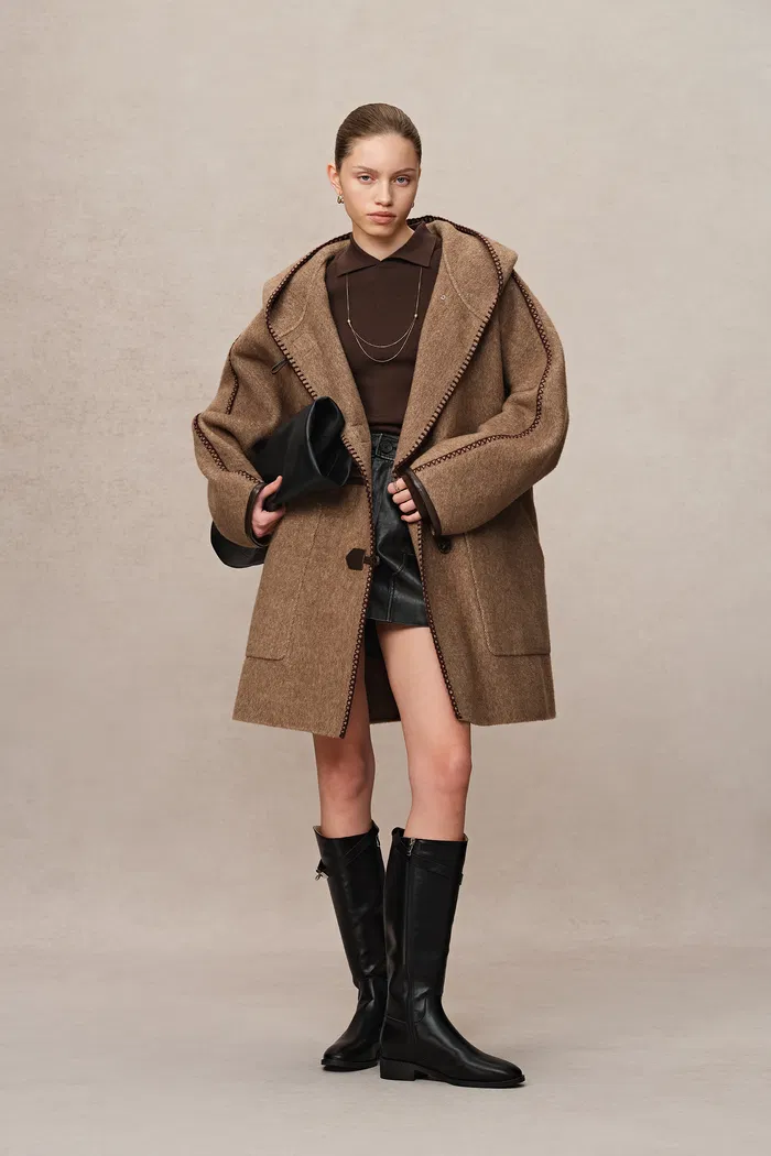 Paletot Inspired Overlock Stitch Hooded Coat in Merino Wool-Camel Hair - Image 2