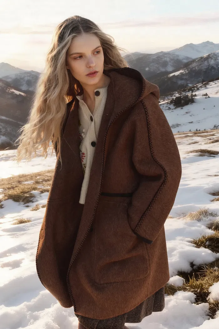 Paletot Inspired Overlock Stitch Hooded Coat in Merino Wool-Camel Hair - Image 3