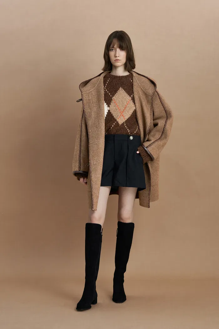 Paletot Inspired Overlock Stitch Hooded Coat in Merino Wool-Camel Hair - Image 4