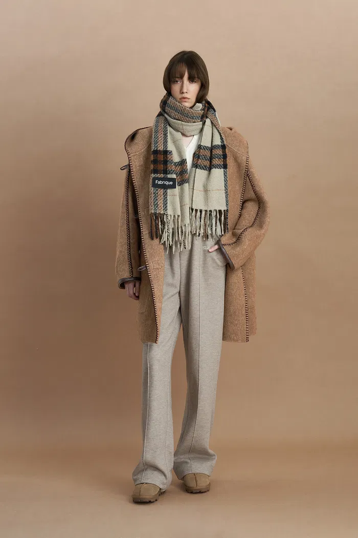 Paletot Inspired Overlock Stitch Hooded Coat in Merino Wool-Camel Hair - Image 5