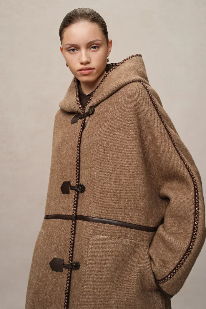 Paletot Inspired Overlock Stitch Hooded Coat in Merino Wool-Camel Hair - Image 6