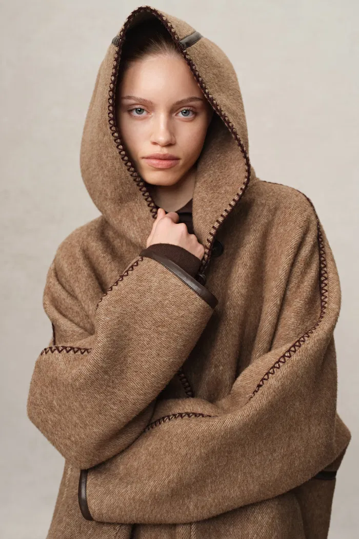 Paletot Inspired Overlock Stitch Hooded Coat in Merino Wool-Camel Hair - Image 7