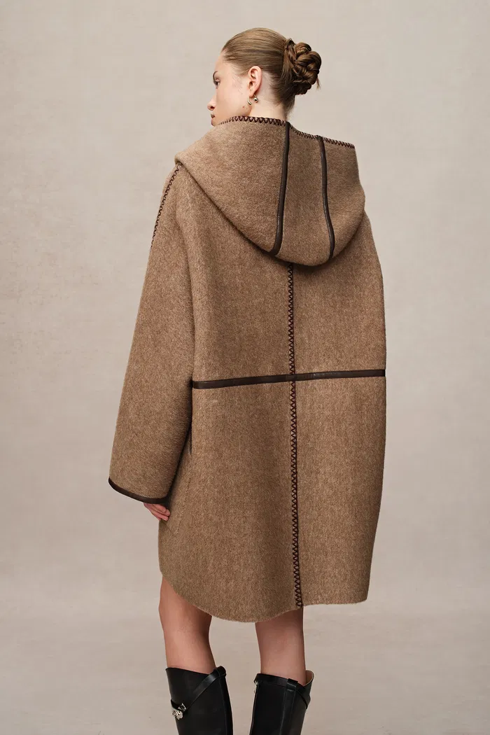 Paletot Inspired Overlock Stitch Hooded Coat in Merino Wool-Camel Hair - Image 8