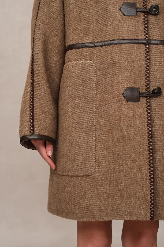 Paletot Inspired Overlock Stitch Hooded Coat in Merino Wool-Camel Hair - Image 9