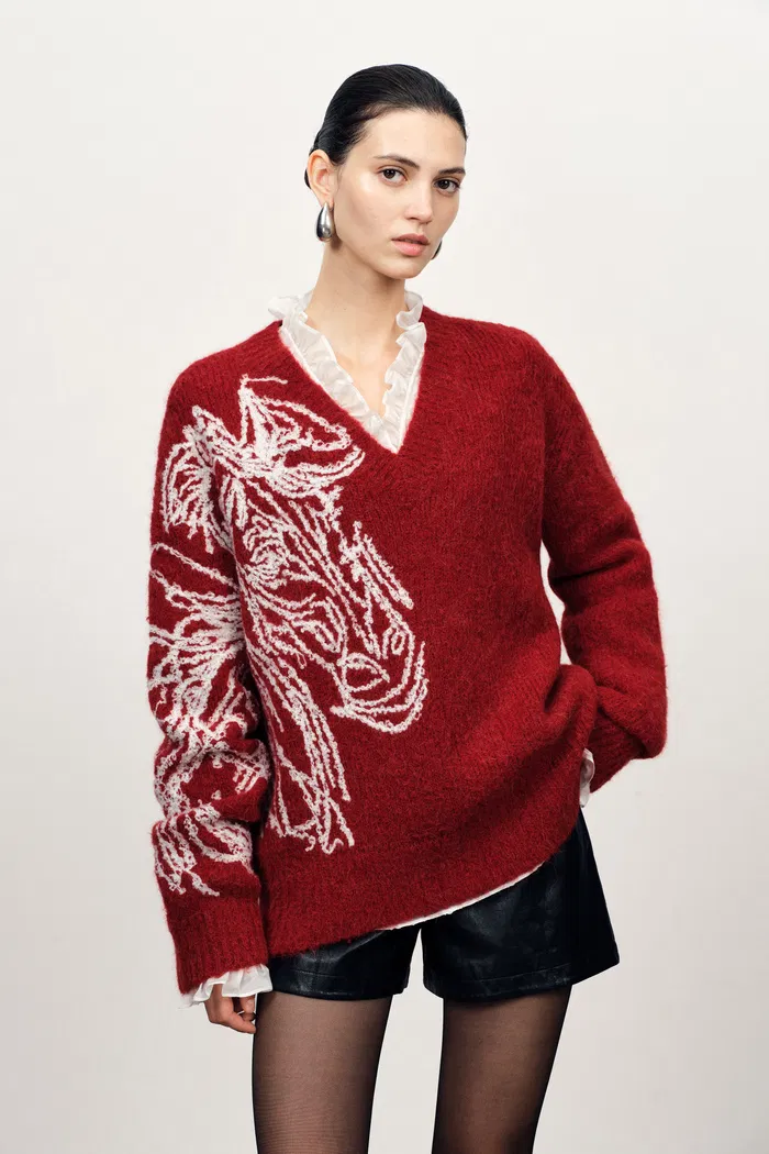 Parker V Neck Horse Sweater in Merino Alpaca Blend Knit - Image 2