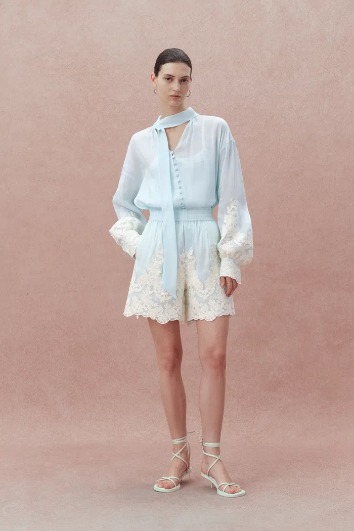 Paz Blue Embroidered Shorts in Silk-Linen Blend - Image 2