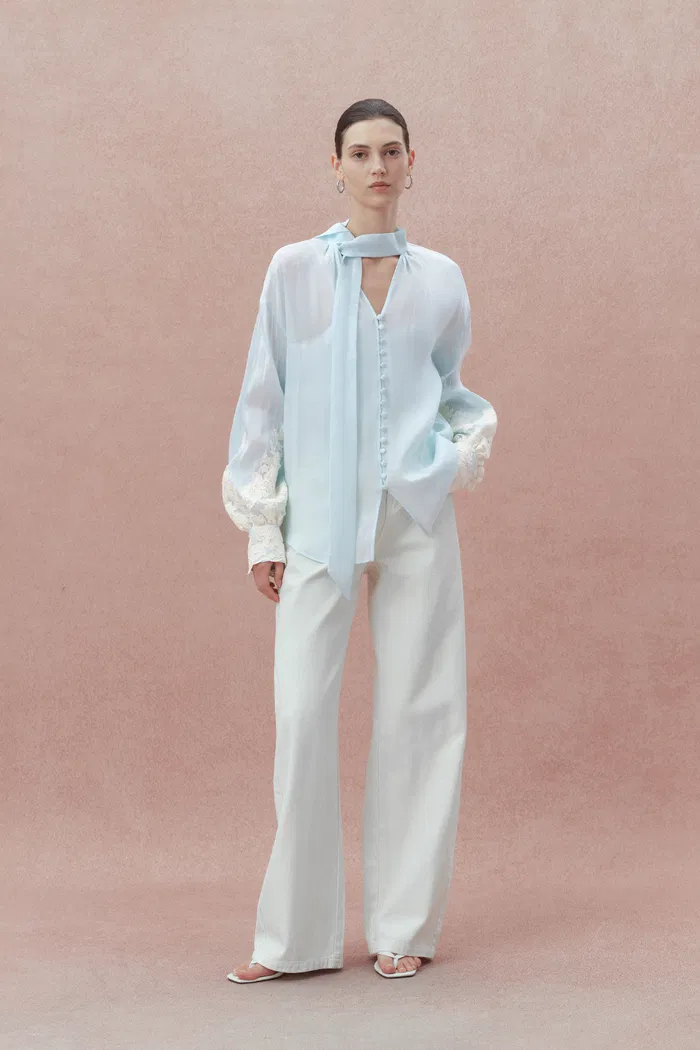 Paz Blue Embroidered Top in Silk-Linen Blend - Image 3