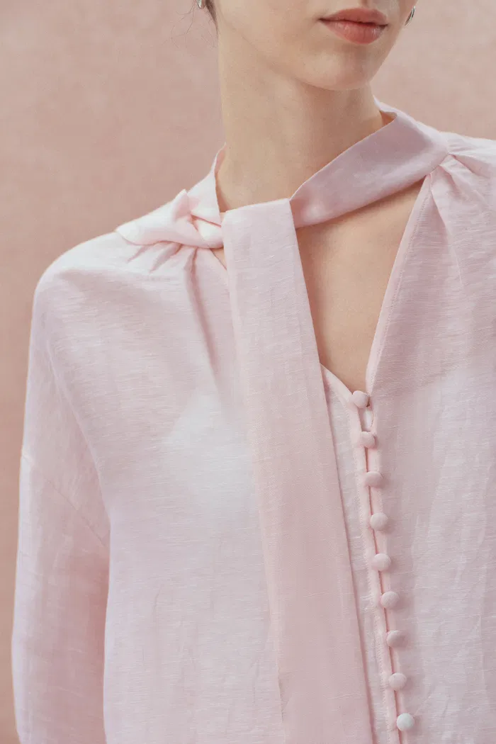 Paz Pink Embroidered Blouse in Silk-Linen Blend - Image 7