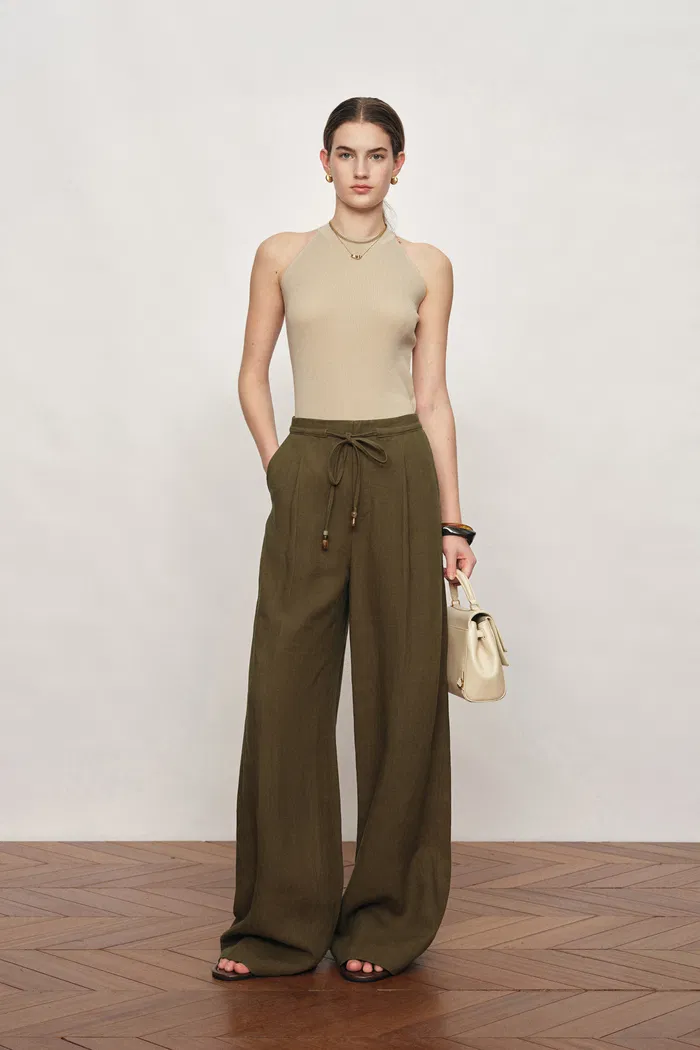 Perla Beaded Drawstring Wide Leg Pants in Hemp - Image 2