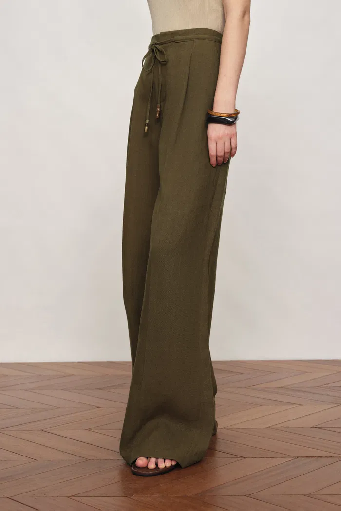 Perla Beaded Drawstring Wide Leg Pants in Hemp - Image 3