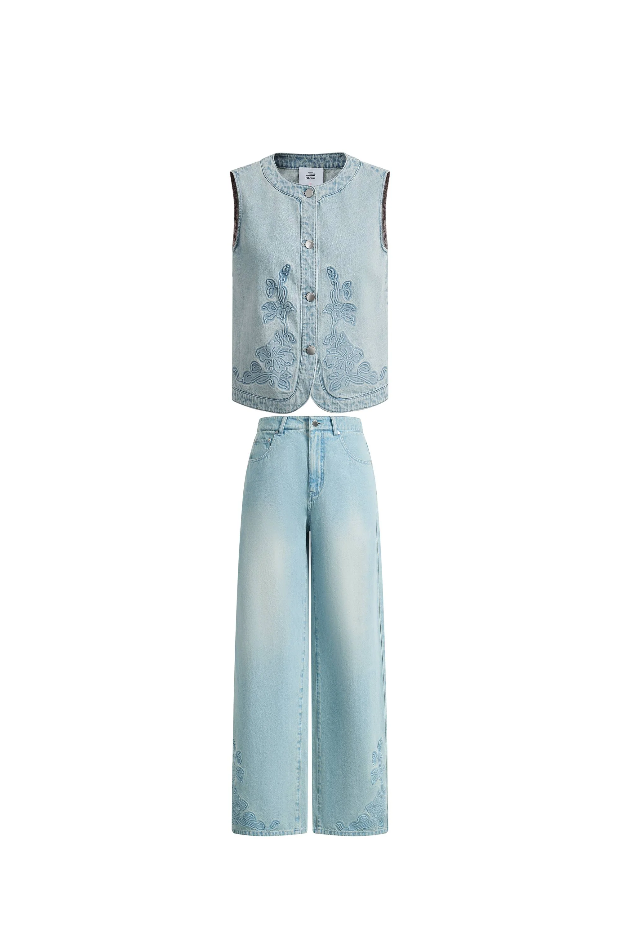 Perla Embossed Flowers Sleeveless Round Neck Top and Jeans Matching Set in Cotton Denim - Image 8