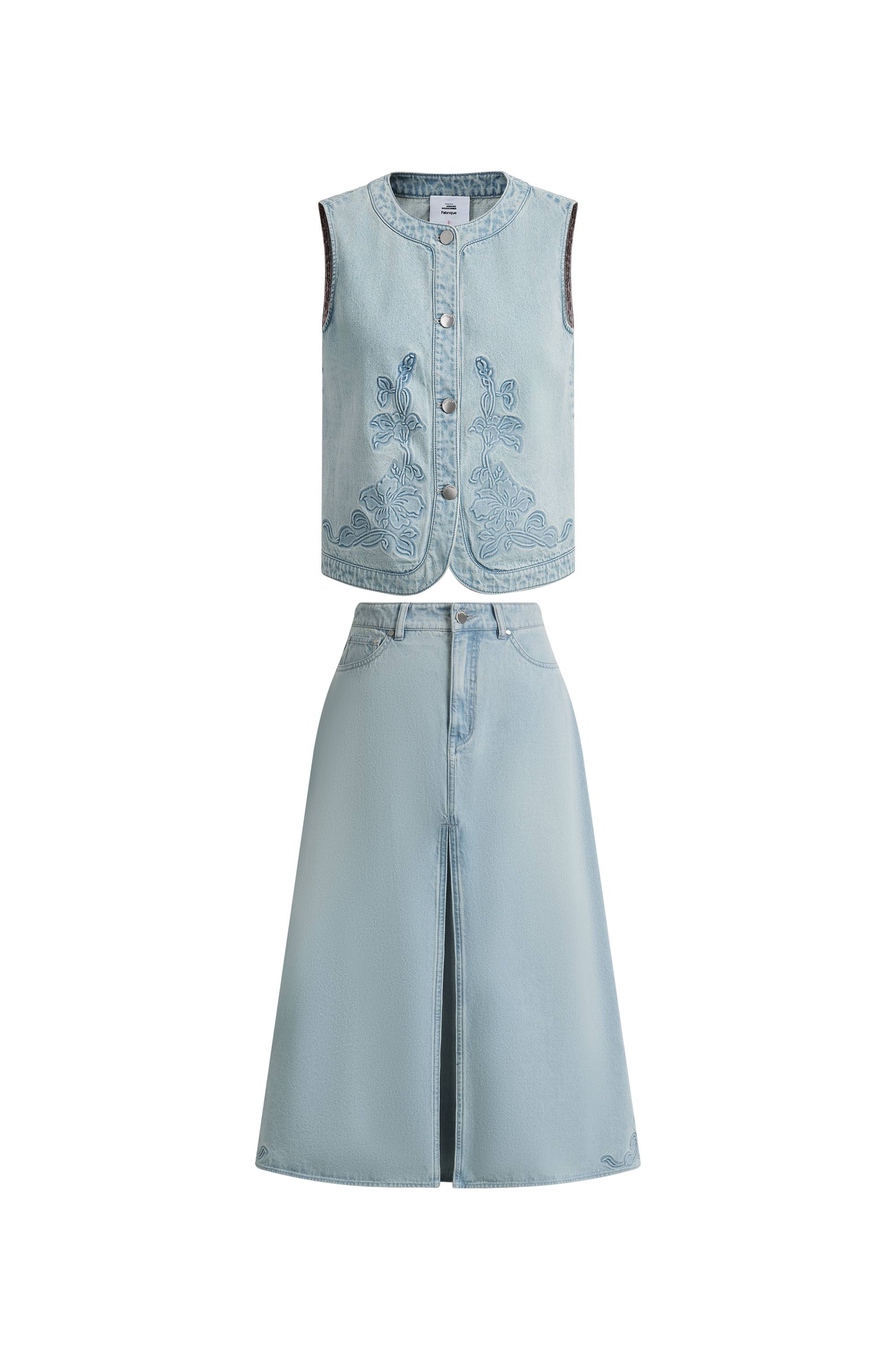 Perla Embossed Flowers Sleeveless Round Neck Top and Skirt Matching Set in Cotton Denim - Image 8